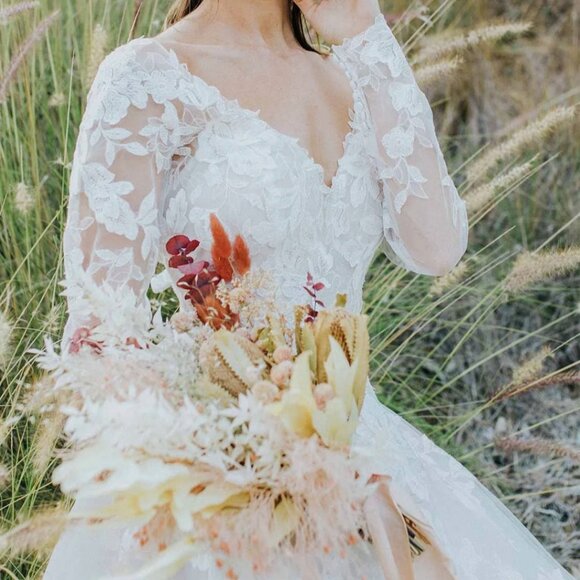 Essense of Australia Lace V-Neckline Wedding Dress with Optional Long Sleeves - Picture 3 of 13